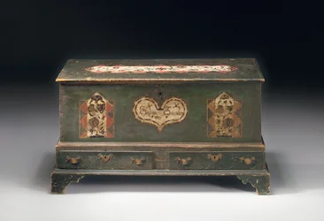 Coffre de dot à dessus relevable peint, inscrit Susana Scheblern, probablement comté de Lancaster, Pennsylvanie, 1790
