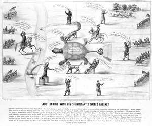 Abe Lincoln avec son cabinet significativement nommé, publié par M.E. Godwin en 1864