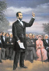 Abraham Lincoln (1809-65) prononçant le discours de Gettysburg à Gettysburg, Pennsylvanie, novembre 1863
