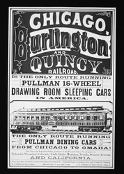 Publicité pour les voitures Pullman de Chicago, vers 1875