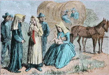 Pionniers du train de wagons américains, vers 1860 (gravure en couleur)