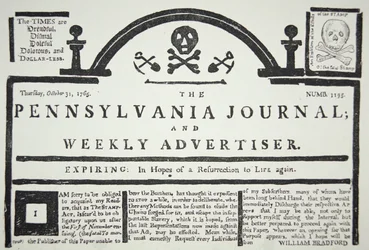 Une réponse américaine à la loi sur le timbre imposée par les Britanniques, publiée dans The Pennsylvania Journal and Weekly Advertiser le 31 octobre 1765