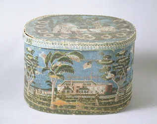 Boîte à chapeaux recouverte de papier imprimé montrant une vue du château, vers 1835
