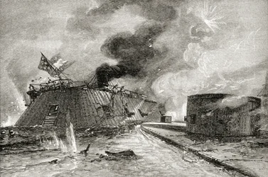 Bataille entre le Monitor et le Merrimac en 1862, tirée de 