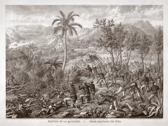 Bataille de La Quasina, près de Santiago de Cuba, pub. 1898 (gravure)