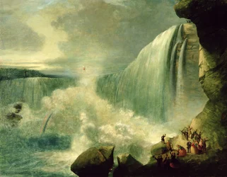 Blondin traversant les chutes du Niagara sur une corde raide, vers 1859-60