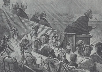 Brigham Young observé par ses nombreuses jeunes épouses pendant qu