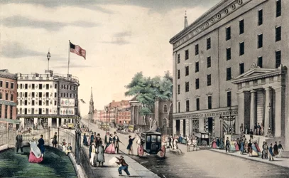 Broadway New York, vue vers le sud depuis le parc, gravé et publié par Nathaniel Currier, New York