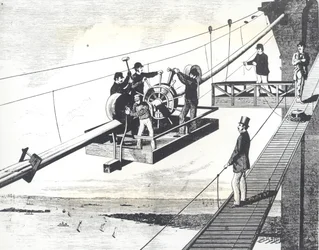 Pont de Brooklyn en construction en 1876, tressage des câbles de suspension (gravure)