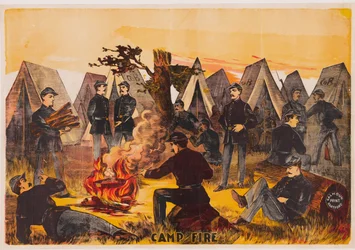 Feu de camp, pub. vers 1865 lithographie en couleur
