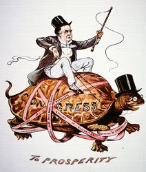 Caricature représentant le président William McKinley (1843-1901) essayant de faire passer ses politiques au congrès (lithographie en couleur)