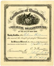 Certificat de vaccination, le Département de la santé de la ville de New York..., 1882