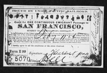 Billet de chemin de fer bon marché pour émigrants, vers 1870