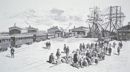 Immigrants chinois arrivant à San Francisco pour travailler sur le chemin de fer transcontinental dans les années 1860
