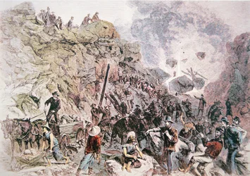 Travailleurs chinois aidant à la construction du chemin de fer Central Pacific, achevé en 1869 (lithographie en couleur)