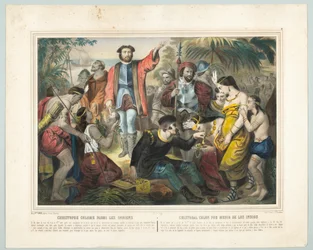Christophe Colomb parmi les Indiens (lithographie en couleur)