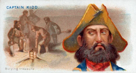 Carte de cigarette Capitaine Kidd, enterrant un trésor, pub. 1888 lithographie en couleur