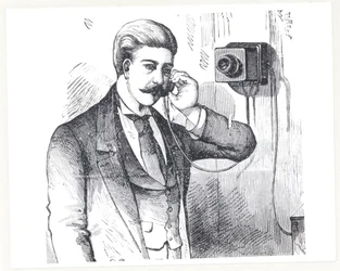 Téléphone à condensateur en usage, de The Electric Telephone par George Bartlett Prescott, 1890