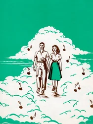Couple marchant dans les nuages entouré de notes musicales