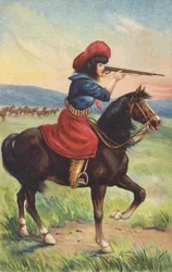 Cowgirl à cheval visant un fusil (chromolitho)