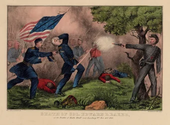 Mort du Col. Edward D. Baker, à la bataille de Balls Bluff près de Leesburg VA., 21 octobre 1861, pub. par Currier & Ives, vers 1861