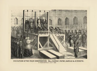 Exécution des quatre conspirateurs : Mme Surrat, Payne, Harold et Atzerith à Washington DC, 7 juillet 1865, pub. 1865