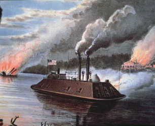 Navire cuirassé fédéral sur le Mississippi bombardant le territoire ennemi