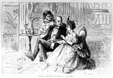 Courtières sécurisant un client, illustration tirée de Les taureaux et les ours de New York, par Matthew Hale Smith 1873
