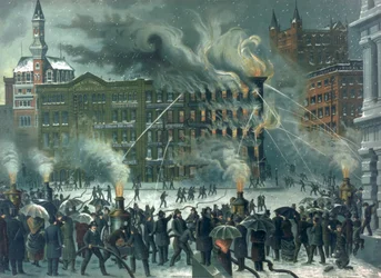 Incendie dans le bâtiment du New York World, dédié à nos courageux pompiers, pub. par W.M. Bruns, 1882
