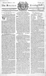 Première page du Boston Evening Post annonçant la mort du roi George II (1683-1760), 5 janvier 1761