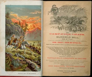 Frontispice et page de titre de Story of the Wild West and Camp Fire Chats par Buffalo Bill