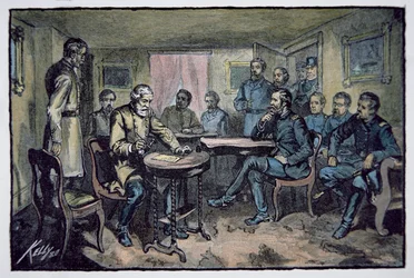 Le général Robert E. Lee (1807-70) se rend au général Ulysses S. Grant (1822-85) au palais de justice d