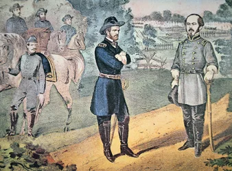 Les généraux Sherman et Johnson se rencontrent pour organiser la reddition des forces confédérées en Caroline du Nord en 1865 (lithographie en couleur)