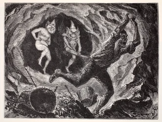 Des gnomes terrifiant un mineur, tiré de The World Guide to Gnomes, Fairies, Elves and Other Little People de Thomas Keightley (1789-1872), publié en 1880
