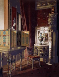 Grande salle, Hôtel Van der Bilt à New York, Chambre, vers 1840, gravure en couleur