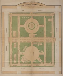 Plan au sol des bâtiments de la Grande Foire Sanitaire Centrale, Logan Square, juin 1864 (lithographie en couleur)