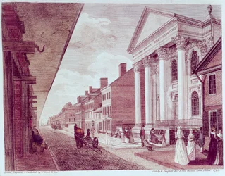Rue principale avec la première église presbytérienne, Philadelphie, 1799
