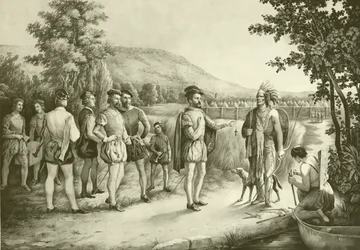 Jacques Cartier, sa première rencontre avec les Indiens à Hochelaga maintenant Montréal en 1535, vers 1850