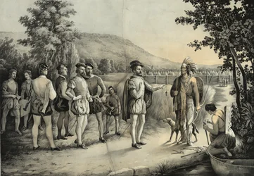 Jacques Cartier, sa première rencontre avec les Indiens à Hochelaga maintenant Montréal en 1535, vers 1850