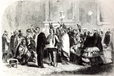 James Buchanan, président des États-Unis, incitant les tribus hostiles des Pawnees et des Poncas à se serrer la main, 1858