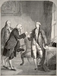 John Adams (1735-1826) en tant que premier ambassadeur américain à la cour anglaise, présentant ses lettres de créance au roi George III (1738-1820)