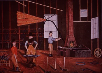 John Mohler Studebaker (centre), fabricant de chariots germano-américain dans son atelier, vers 1858