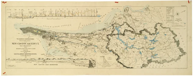 Carte du nouvel aqueduc de Croton, ancien aqueduc et pipeline de la rivière Bronx ainsi que les bassins versants de Croton, Bronx