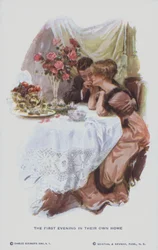 Couple marié profitant de la première soirée dans leur nouvelle maison (lithographie couleur)