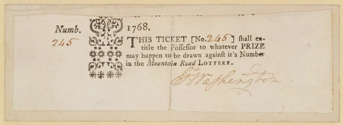 Billet de loterie de Mountain Road, signé par George Washington (1732-99) 1768