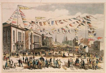 Convention nationale républicaine, Broad Street, Philadelphie, tirée de « Philadelphia-Broad Street, in the Vicinity of the Academy of Music », dans le magazine « Harper
