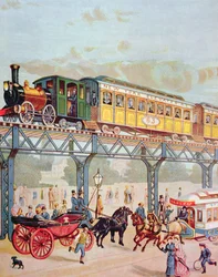 Chemin de fer surélevé de New York, vers 1880 (lithographie en couleur)