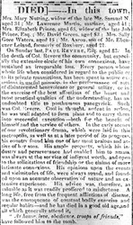Page nécrologique du Boston Intelligencer, 16 mai 1818
