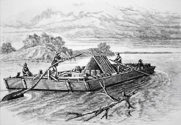 Chaland pionnier sur le fleuve Mississippi, c. 1840 (gravure)