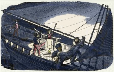 Le pirate Charles Gibbs (début du XIXe siècle) tue le capitaine Thornby et le jette à la mer. Gravure de "The pirate own book" 1837.
